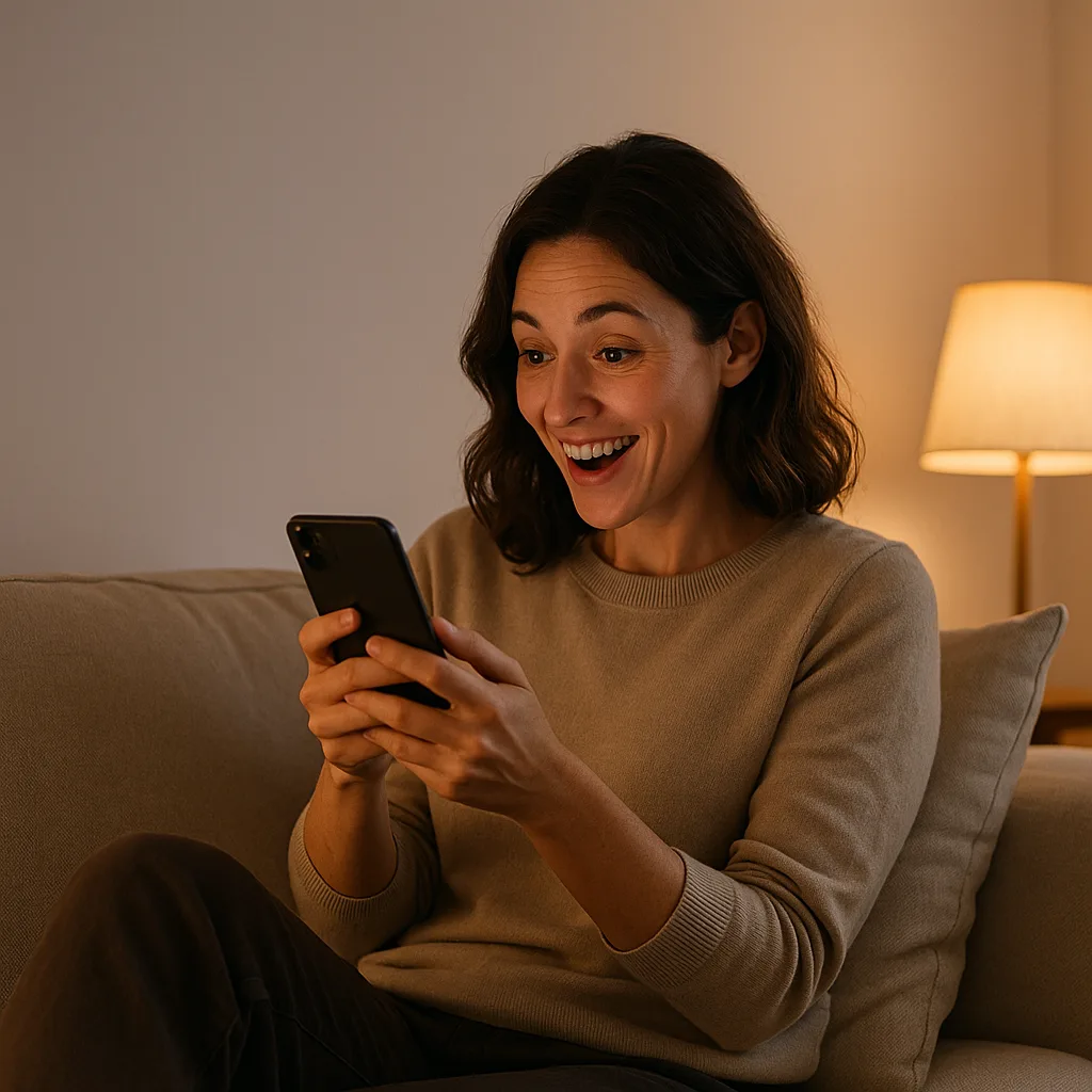 Cliente sonriendo mientras recibe una respuesta inmediata por WhatsApp fuera del horario del negocio