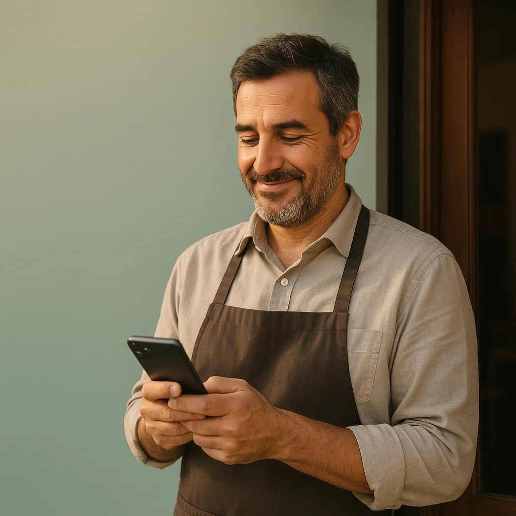 Dueño de un negocio revisando en su celular el resumen diario de conversaciones y ventas del bot