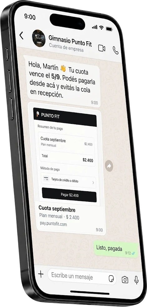 iPhone con un chat de WhatsApp: el bot de Gimnasio Punto Fit envía el recordatorio de la cuota con un link de pago y el socio responde que ya la pagó