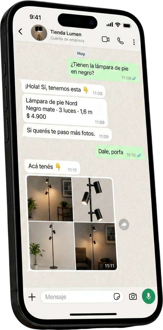 iPhone con un chat de WhatsApp: el bot de Tienda Lumen responde por una lámpara de pie, manda la ficha con precio y le pasa al cliente cuatro fotos del producto